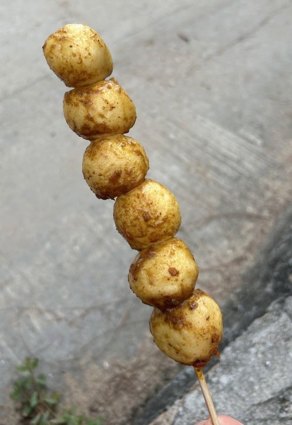 Hong Kong street snack, fish balls, on a skewer covered in curry sauce.
