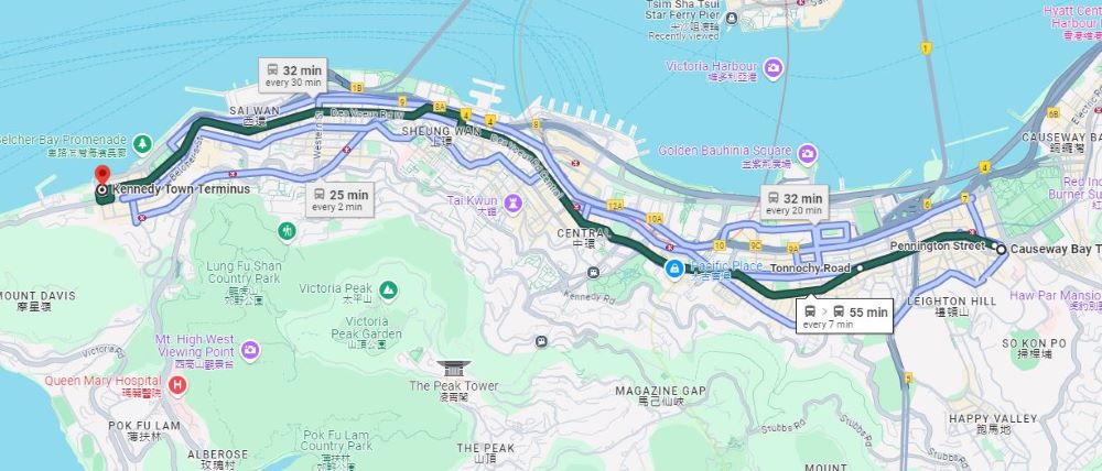 Screenshot of map of main tram route along Hong Kong Island's waterfront.