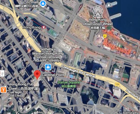 Satellite map showing the location of Cardinal Point rooftop bar in Central Hong Kong near Statue Square and the Observation Wheel—offering elevated views and vibes among hidden bars in Hong Kong.