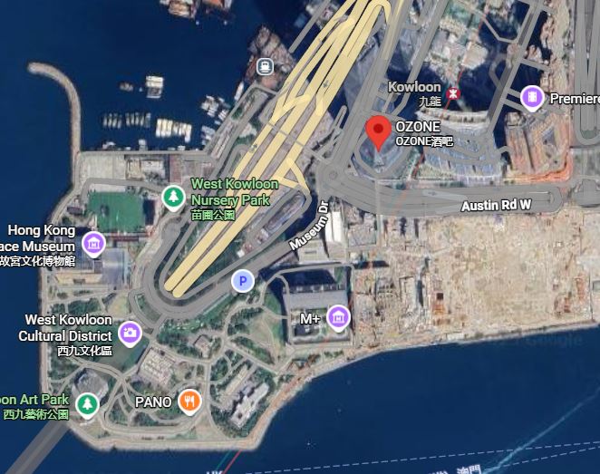Satellite map showing the location of Ozone Bar at The Ritz-Carlton Hong Kong in West Kowloon, near the West Kowloon Cultural District—featuring one of the world’s highest hidden bars in Hong Kong.