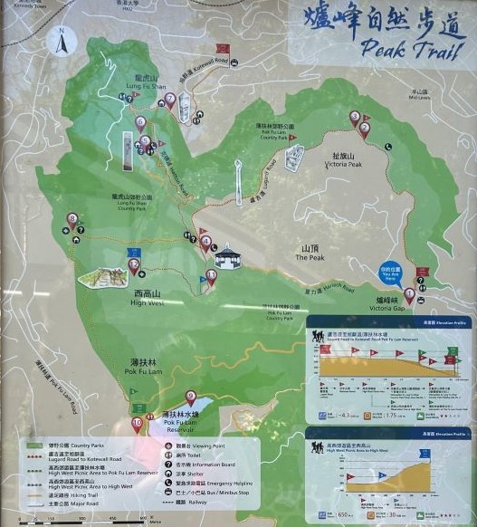 The Peak Trail Map behind a Perspex screen. It shows the Peak Hiking route around the Peak Hong Kong.