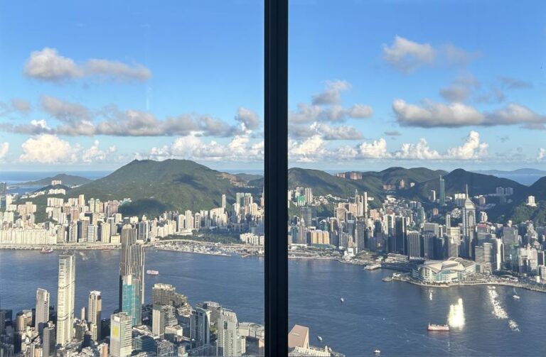 A view of Hong Kong city from a window at the Ozone Bar, Ritz-Carlton Hong Kong.