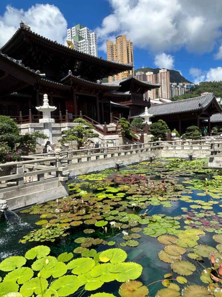 Lily pads in a pond in front of an ornate religious building, surrounded by stone paths and skyscrapers.